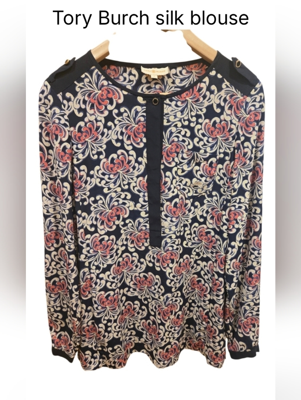 Tory Burch Navy Silk Floral-Print Long-Sleeve Blouse with Pink &Cream Motif Sz 6